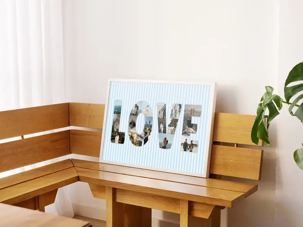 Collage de photos de mariage en lettres, encadré sur un banc en bois, une idée cadeau pour les jeunes mariés