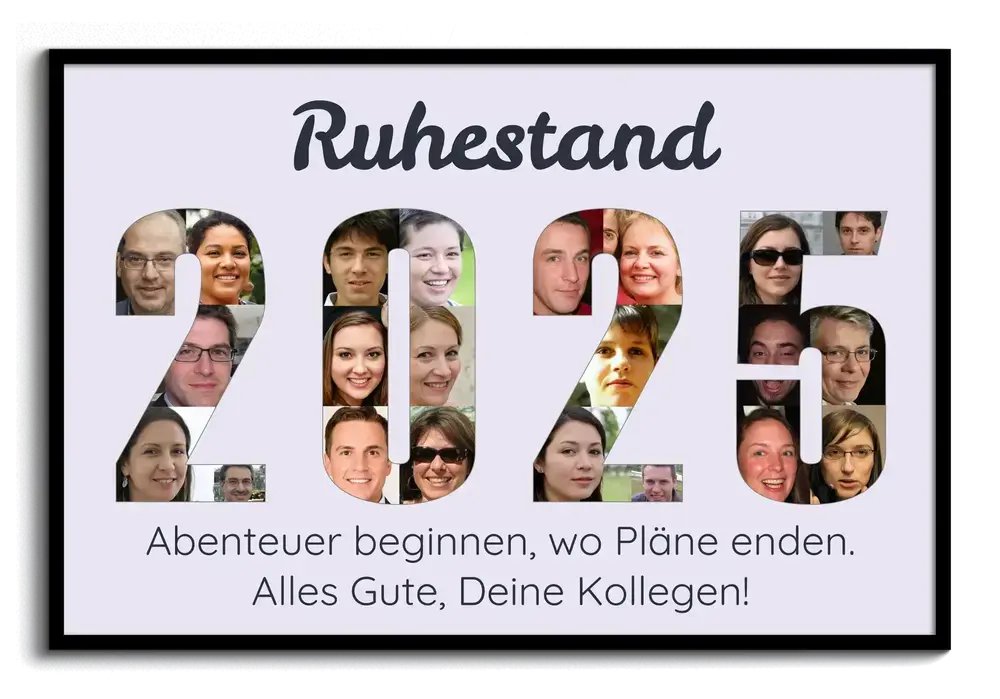 Fotocollage mit Jahreszahl aus Kollegenfotos im schwarzen Rahmen als Geschenk zum Ruhestand