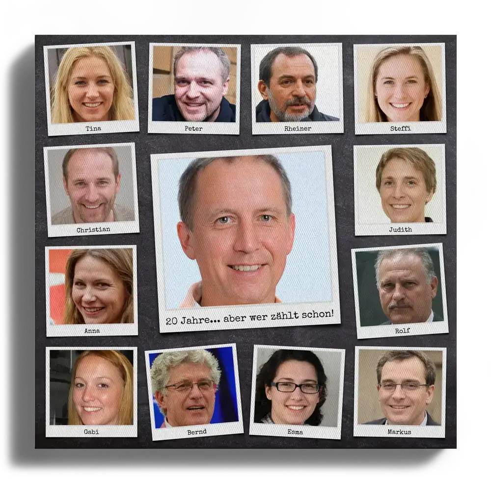 Polaroid-Fotocollage auf Leinwand mit grossem Mittelfoto und Namen auf dunklem Grund als Geschenk zum Ruhestand