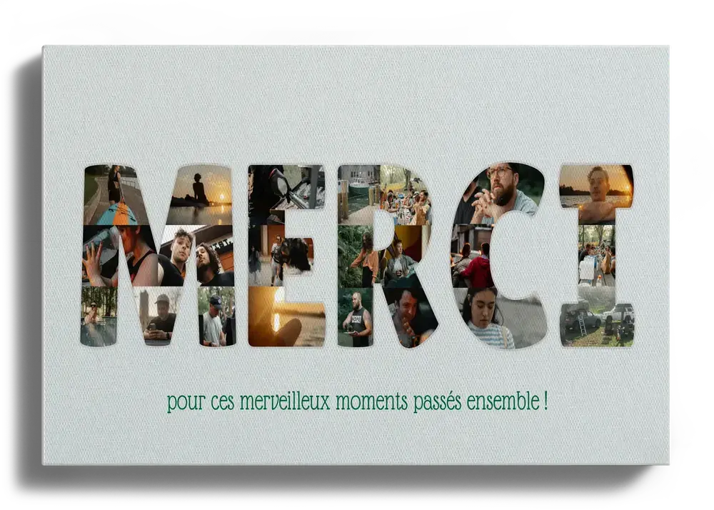 Pêle-mêle photo sur toile avec de grandes lettres composées de petites photos et un message de remerciement sur fond clair