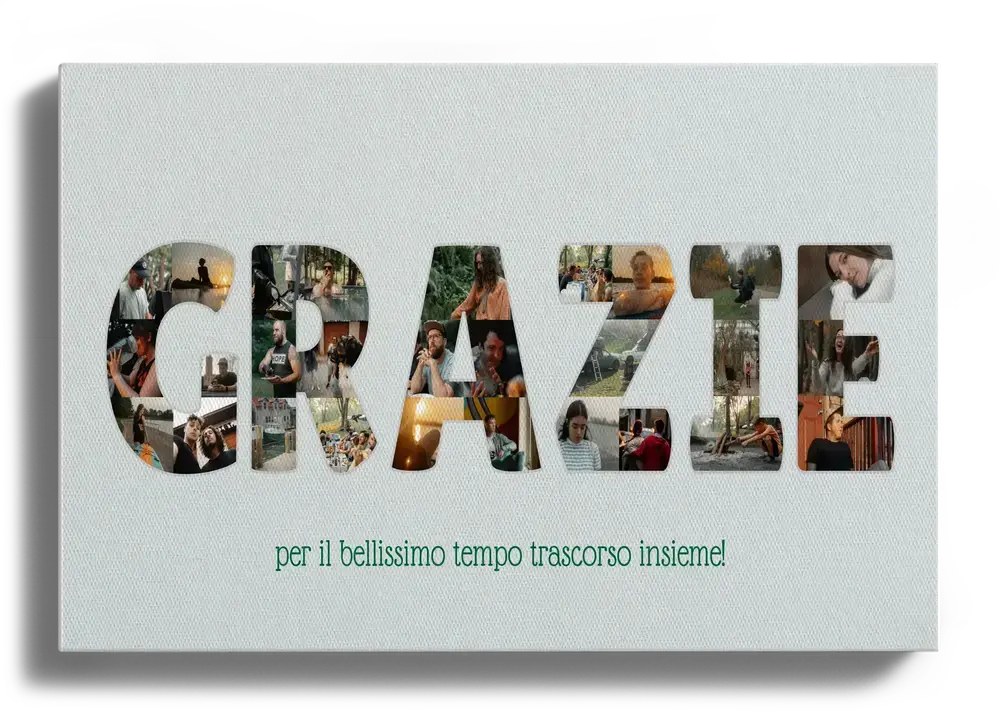 Collage fotografico su tela con grandi lettere composte da piccole foto e una dedica di ringraziamento su fondo chiaro