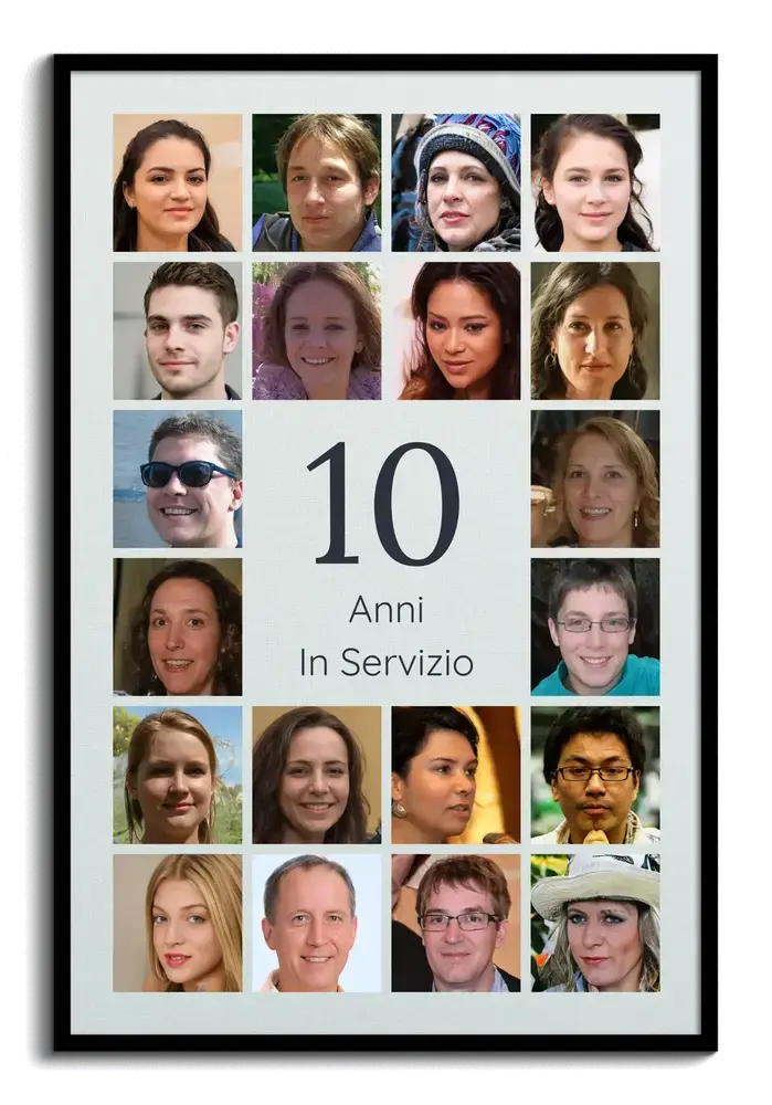 Collage di ritratti con 10 al centro in cornice nera, regalo per un collega che celebra 10 anni di servizio