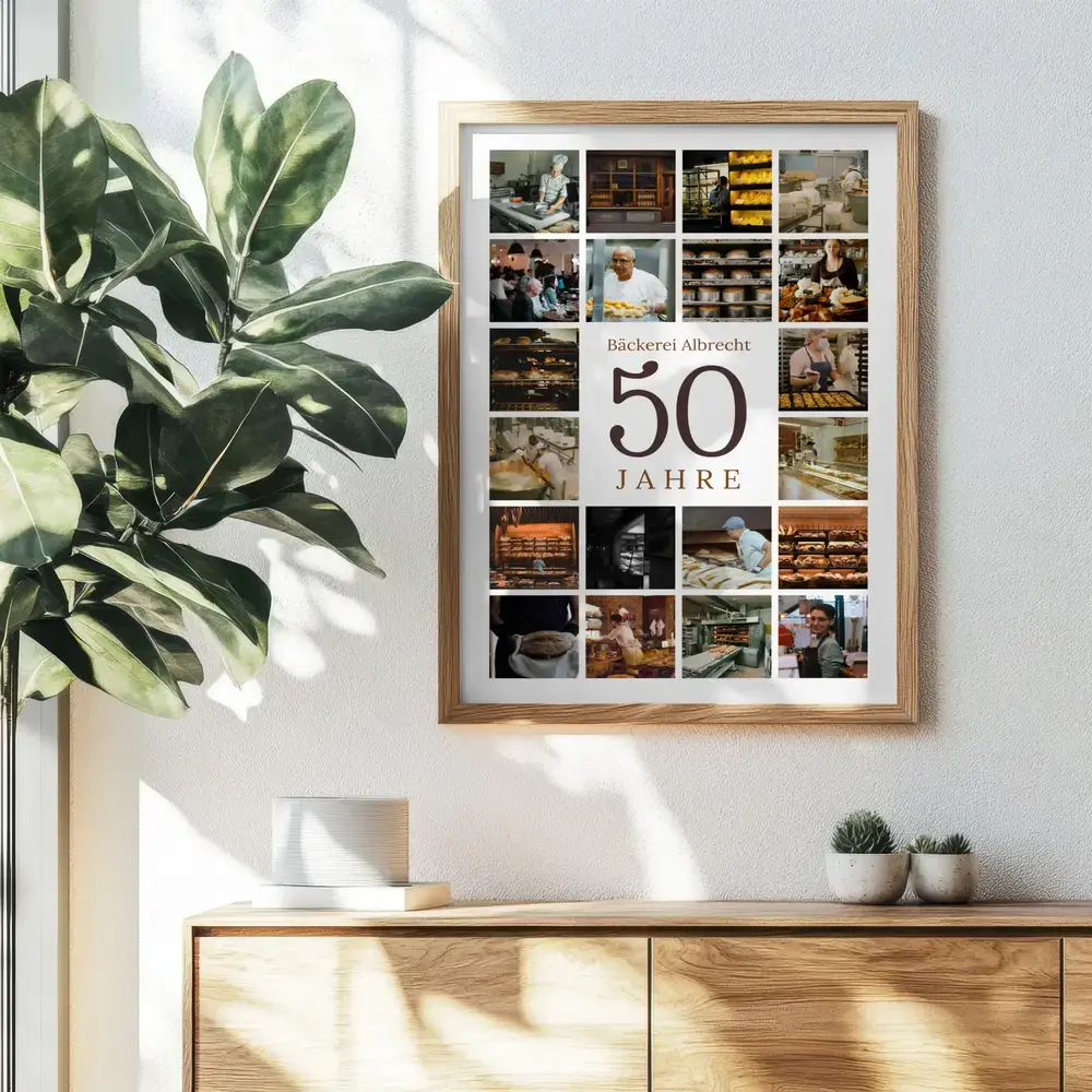 Gerahmte Bäckerei-Fotocollage mit grosser 50 über einer Holzkommode, persönliche Geschenkidee zum Firmenjubiläum