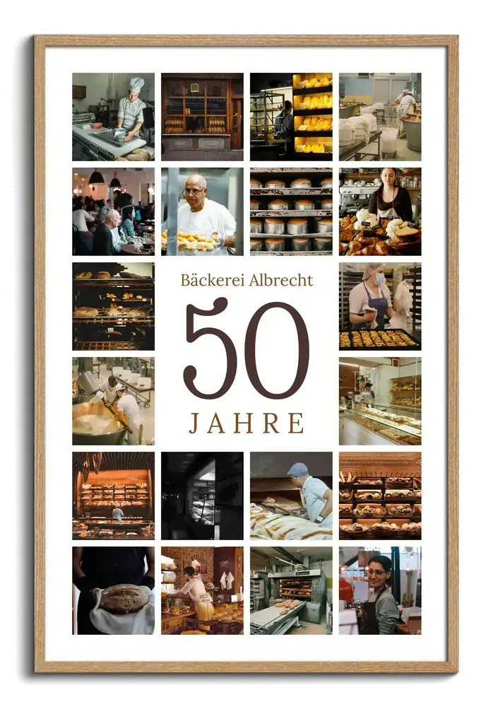 Fotocollage mit Bäckereifotos rund um eine grosse 50 im Holzrahmen, als Geschenk zum Firmenjubiläum