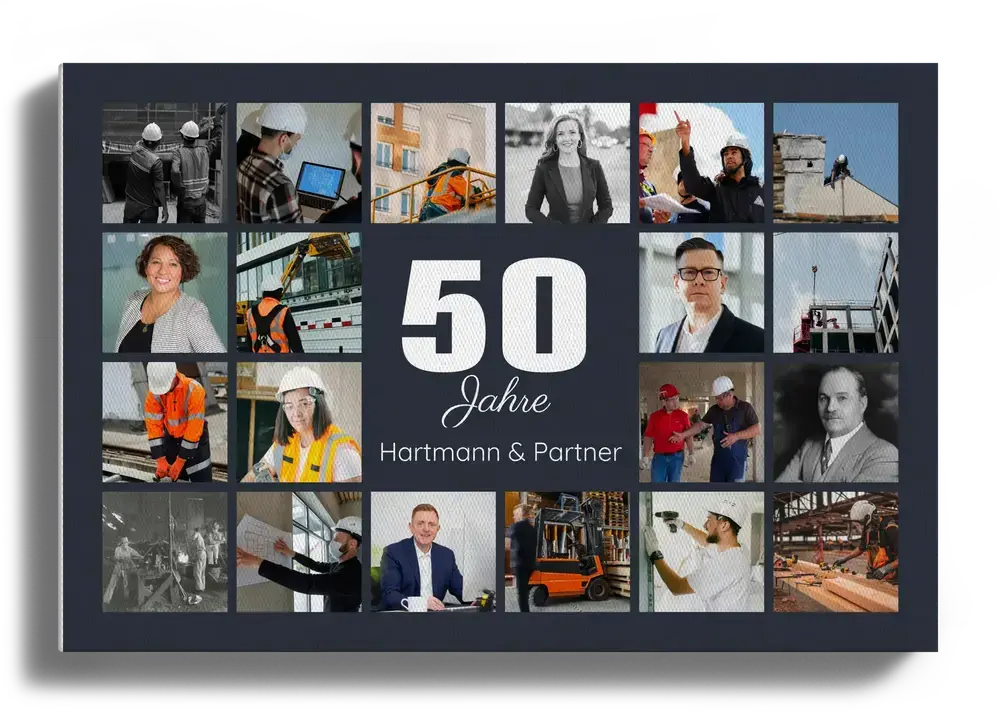 Fotocollage auf dunkelgrauer Leinwand mit grosser 50 und Firmenfotos als Geschenk zum Firmenjubiläum