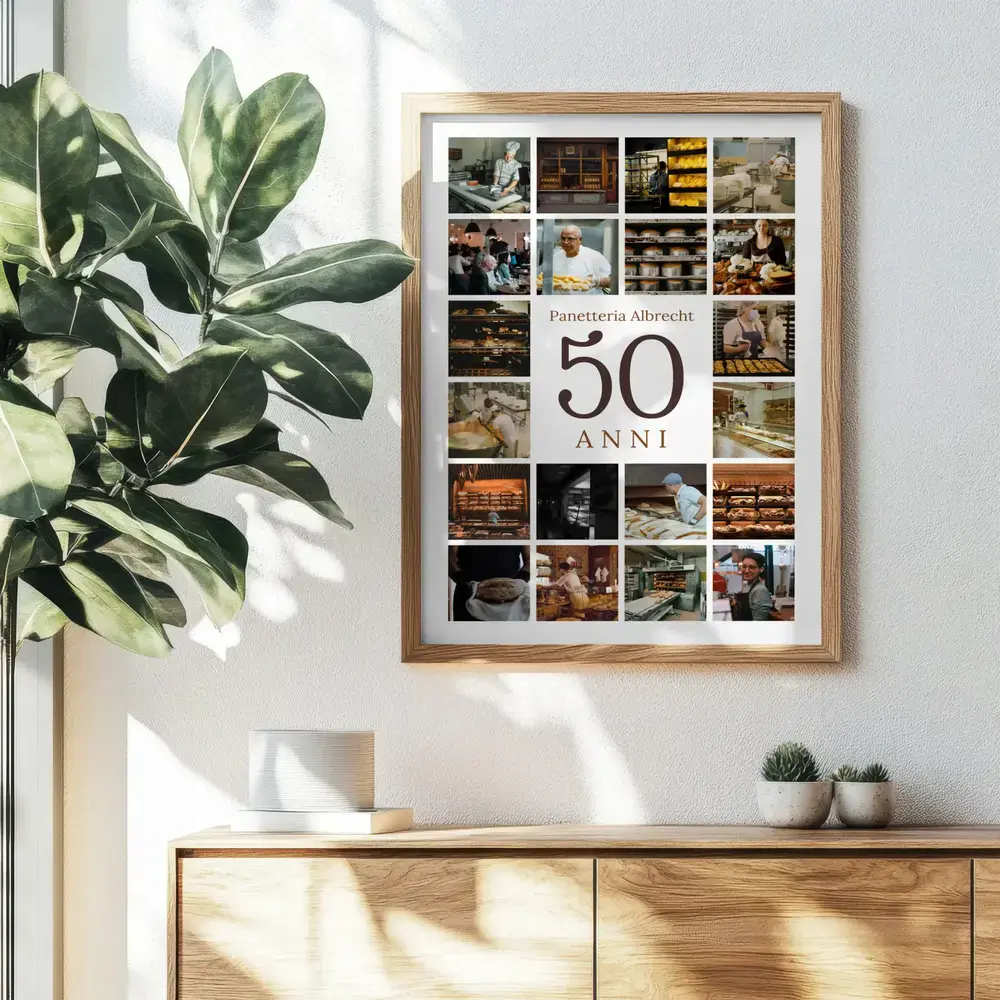 Collage di foto di un panificio con un grande 50 per l’anniversario aziendale, in cornice di legno sopra una credenza