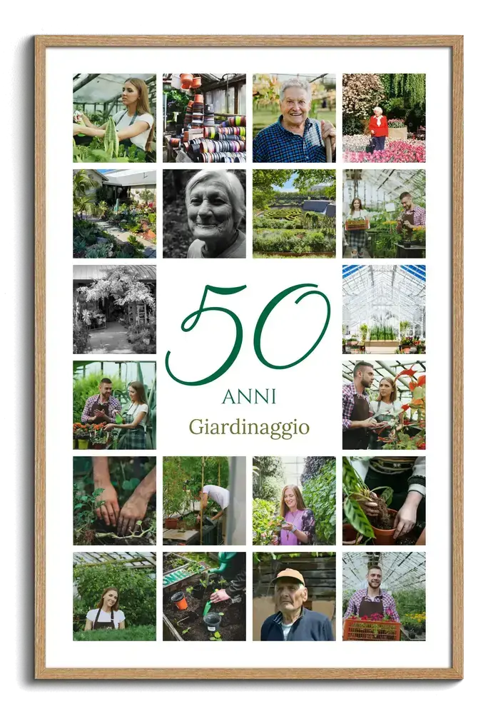 Collage di foto di giardinaggio con un grande 50 verde al centro, in cornice di legno, per il 50° anniversario aziendale