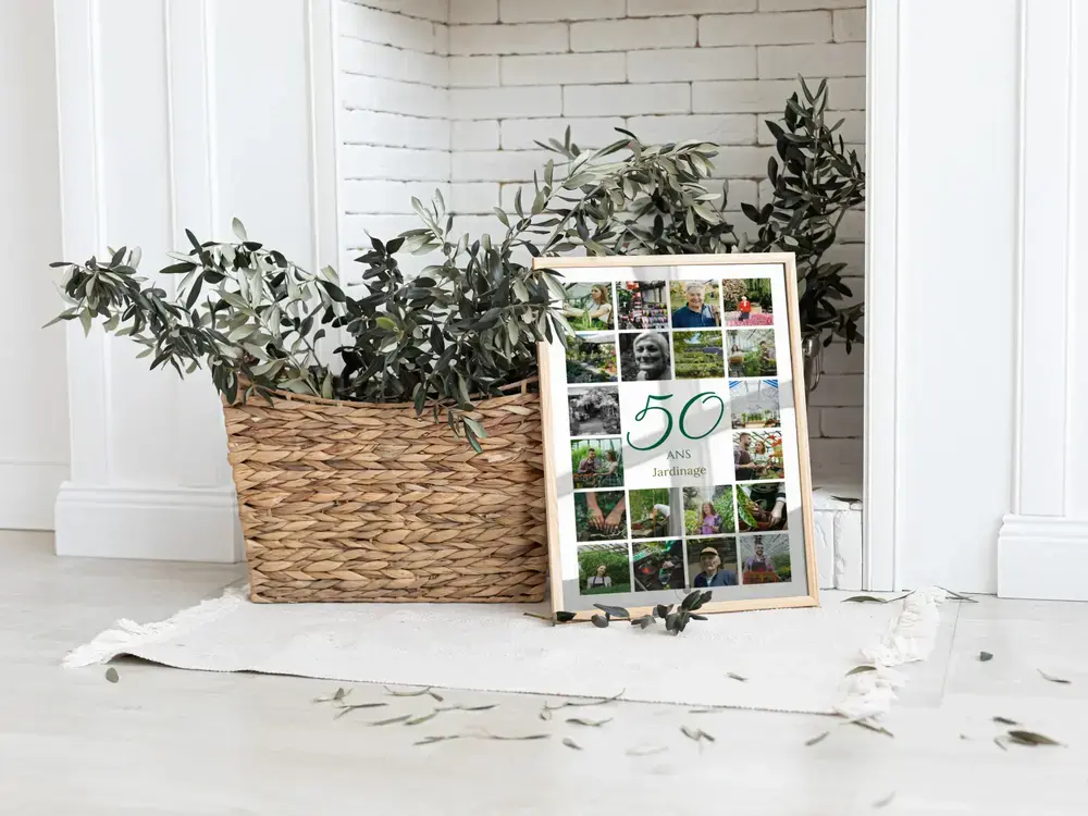 Collage photo encadré au sol, avec un 50 et des photos de jardinage, cadeau pour les 50 ans d’une entreprise