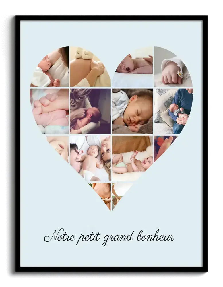 Pêle-mêle de photos de bébé en forme de cœur dans un cadre noir, une idée cadeau de naissance