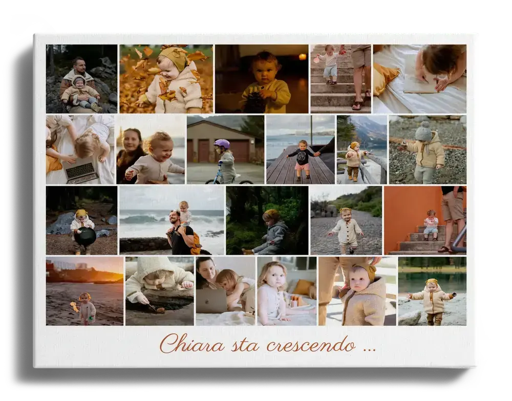 Collage su tela con foto di una bambina che cresce, disposte in file con una dedica in basso, su sfondo nero.