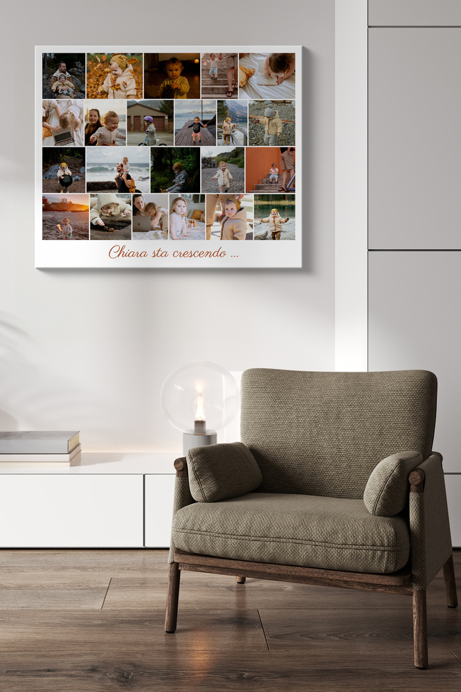 Collage di foto di una bimba in file con dedica, appeso sopra una poltrona: un regalo personalizzato per i nonni