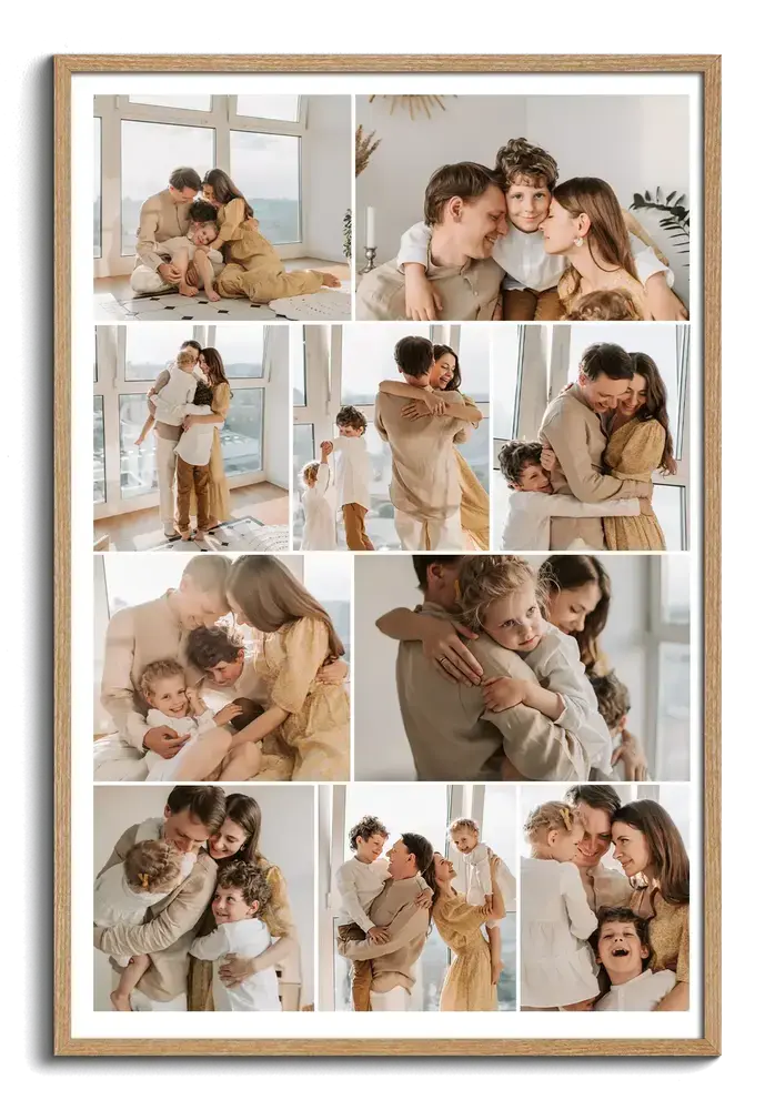 Familiencollage als Poster im Holzrahmen, mit zehn Fotos von Eltern und Kindern in Reihen im Hochformat