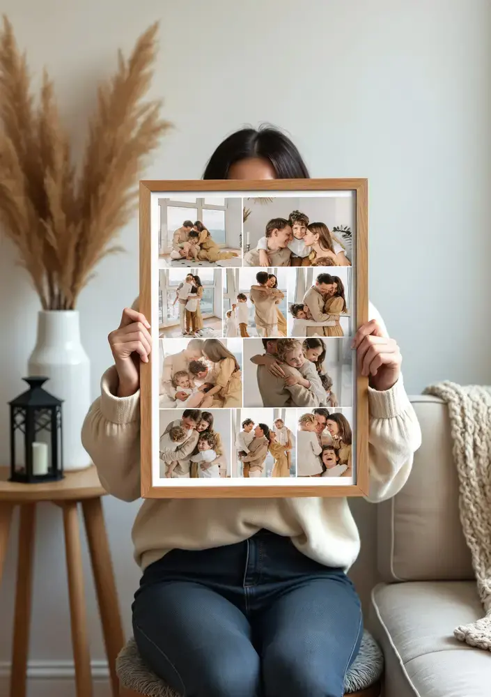 Familiencollage als Poster im Holzrahmen vor dem Sofa, mit Eltern- und Kinderfotos als Geschenk für Grosseltern