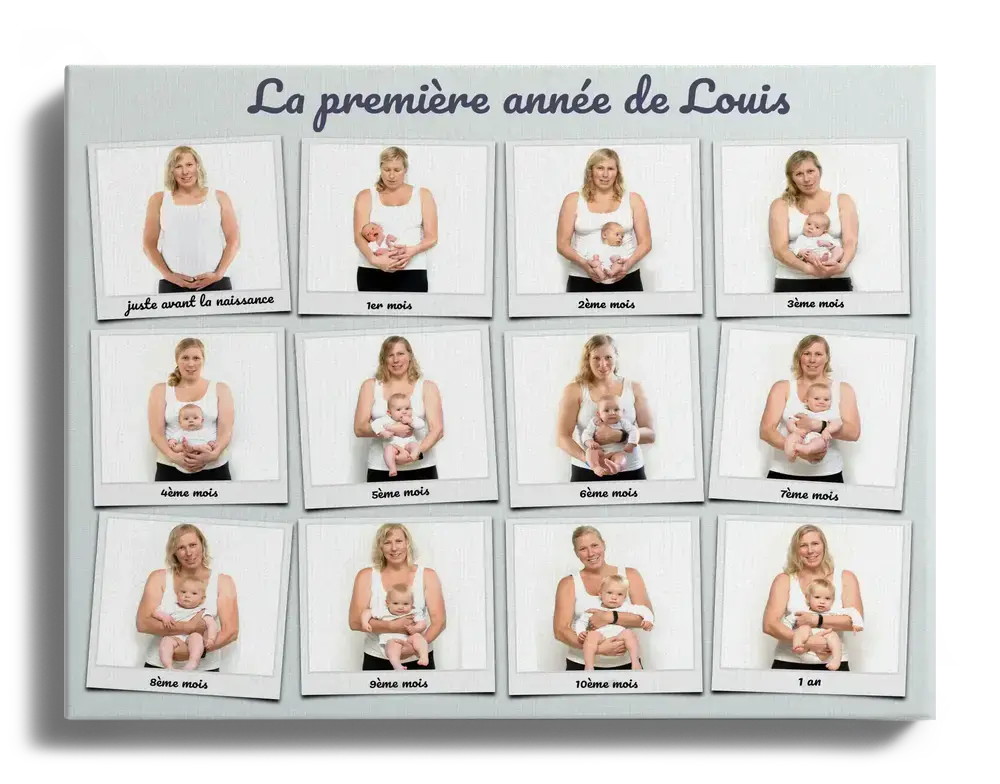 Toile de la première année de bébé avec 12 photos rétro légendées, une idée cadeau pour les grands-parents