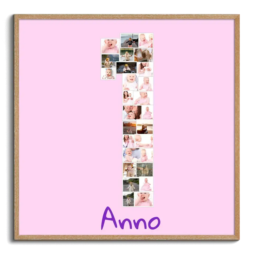Collage di foto a forma di 1 su fondo rosa con cornice in legno, regalo personalizzato per il primo compleanno