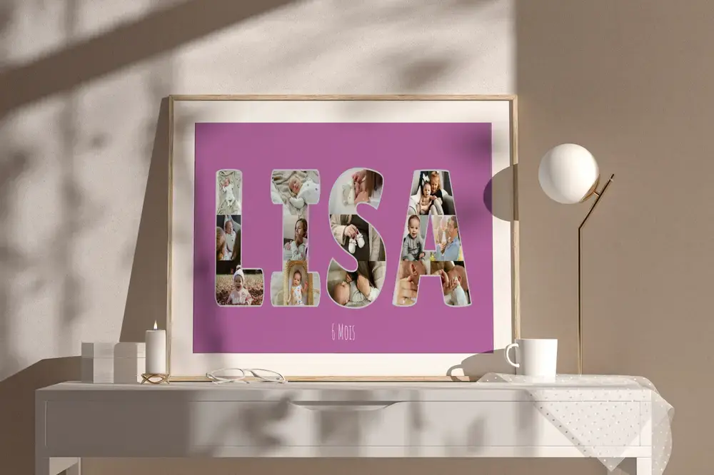 Prénom en collage photo sur fond mauve, encadré sur une console, cadeau de naissance personnalisé