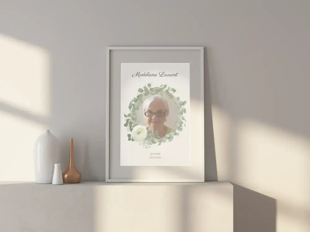 Portrait commémoratif avec couronne de feuillage et prénom personnalisé, encadré en blanc sur un buffet