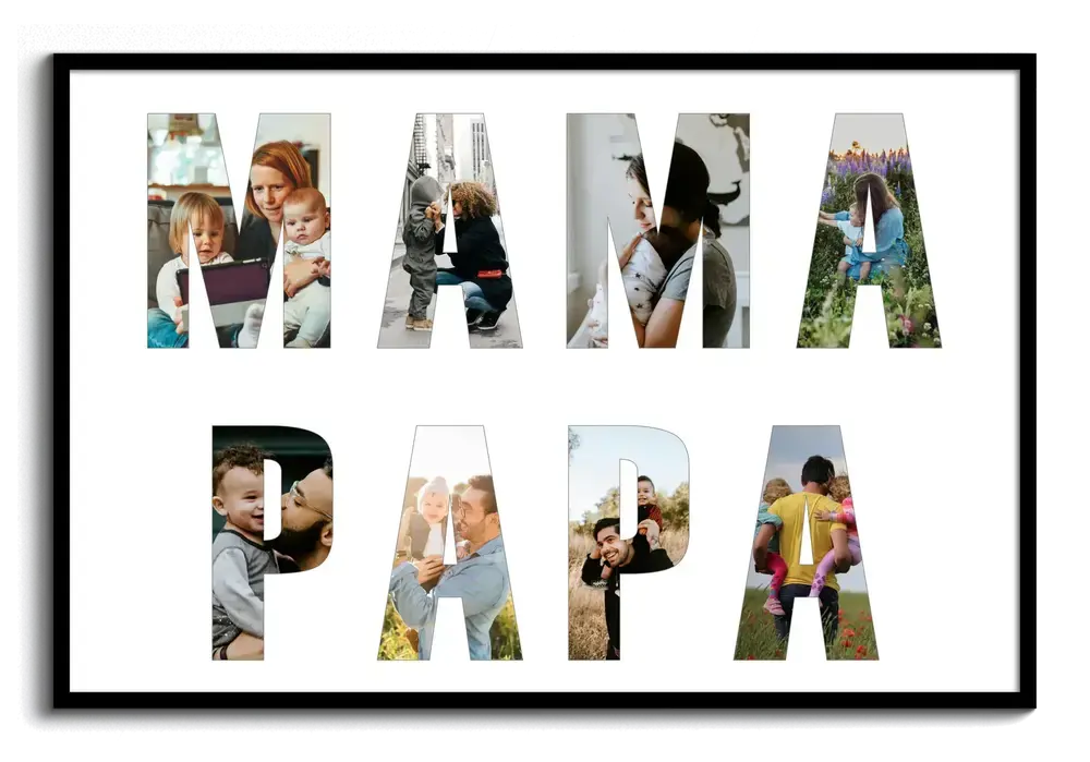 Fotocollage mit zweizeiligen Fotobuchstaben auf Weiss im schwarzen Rahmen, als persönliches Geschenk für Eltern