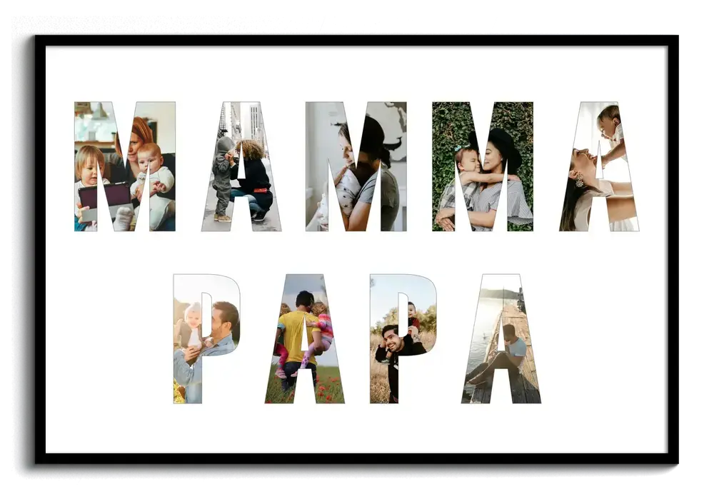 Collage fotografico per i genitori con lettere riempite di foto su due righe, fondo bianco e cornice nera