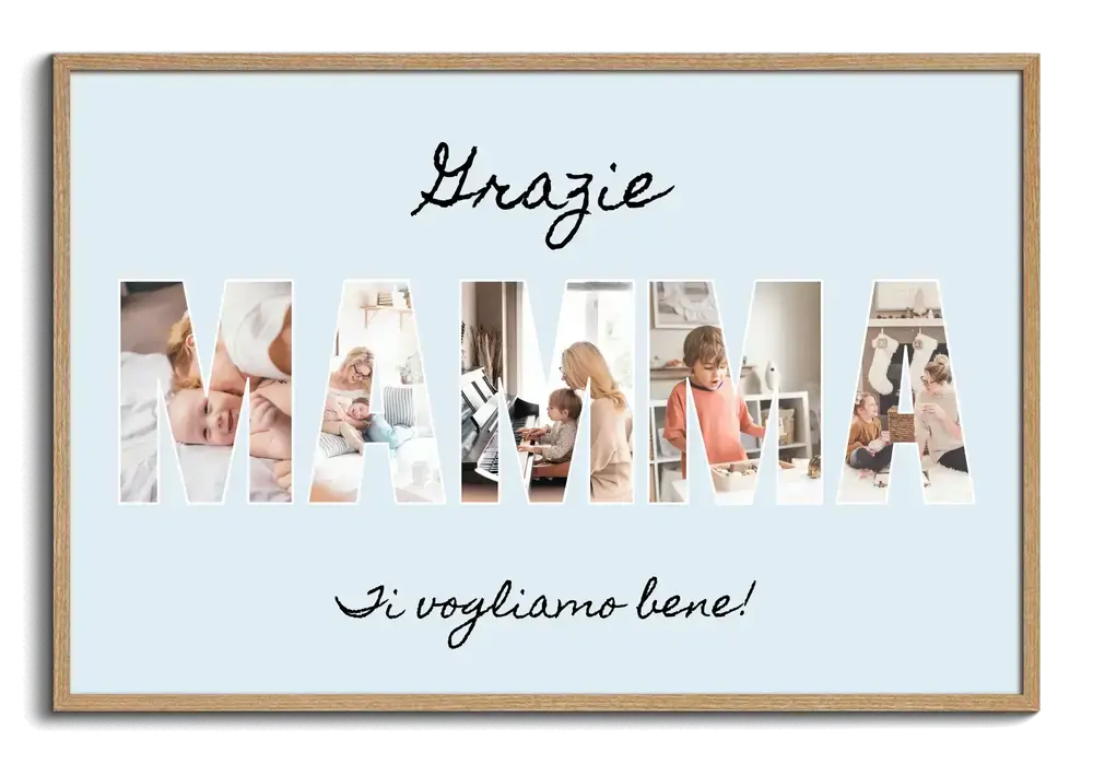 Collage di foto in lettere su fondo azzurro con cornice in legno, un regalo per la festa della mamma