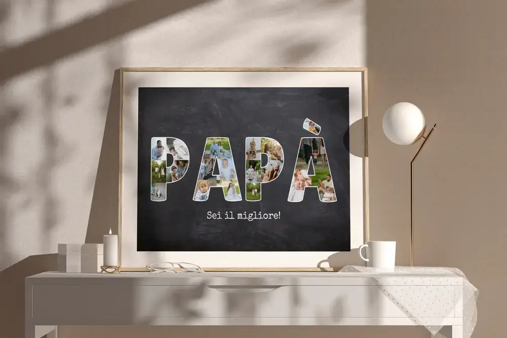 Collage di foto nelle lettere, in cornice di legno su una credenza, idea regalo per la festa del papà