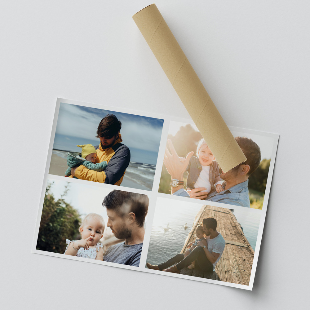 Teilweise eingerolltes Fotocollage-Poster für Papa mit vier grossen Vater-Kind-Fotos und weissen Zwischenräumen