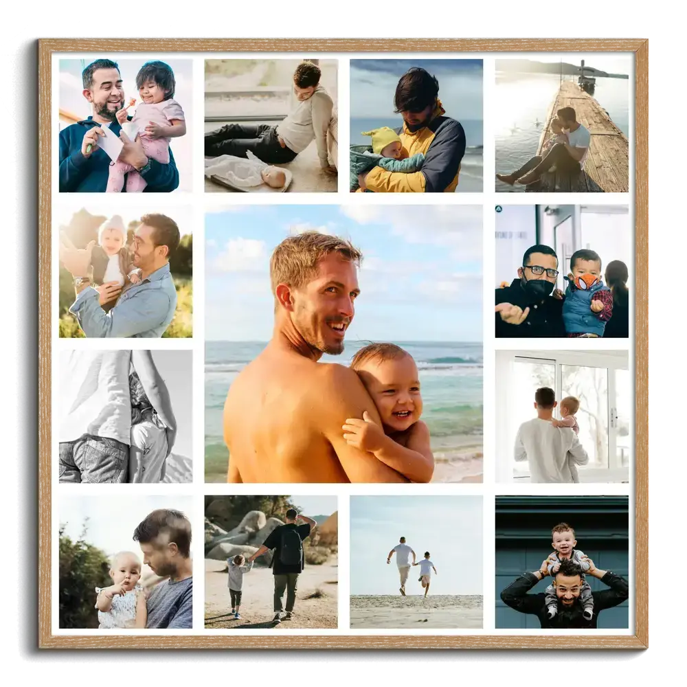 Fotocollage für Papa im Naturholzrahmen mit grossem Vater-Kind-Foto am Strand, umgeben von kleinen Bildern