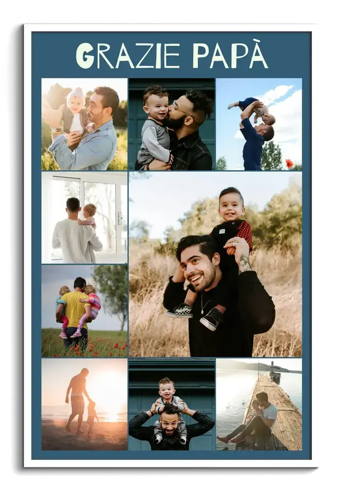 Collage di nove foto di papà con i figli, con dedica su fondo grigio-blu e cornice bianca in formato verticale