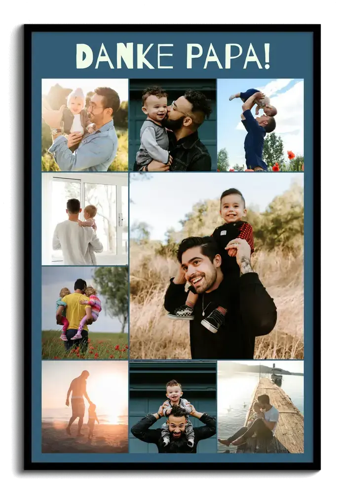 Fotocollage mit Vater-Kind-Motiven und Dankeszeile im schwarzen Rahmen als persönliches Geschenk für Papa