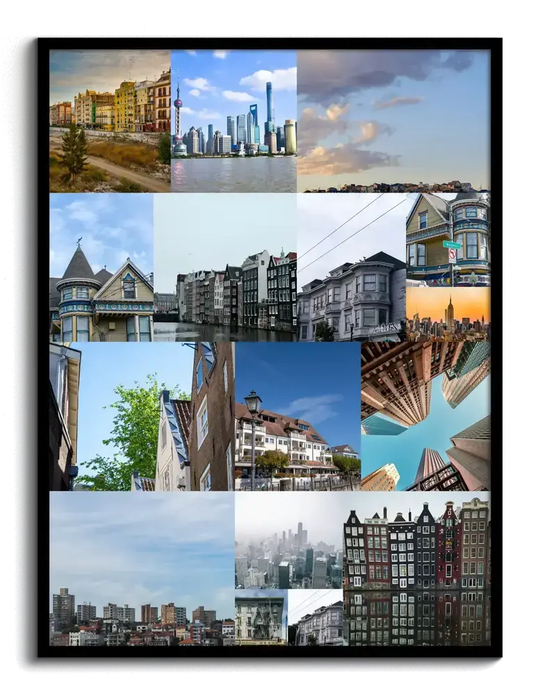 Pêle-mêle de photos de voyage, villes et monuments en cases de tailles variées, dans un cadre noir