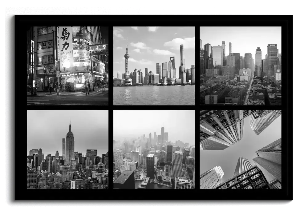 Collage de six photos de villes et de gratte-ciel en noir et blanc, disposées en grille dans un cadre noir