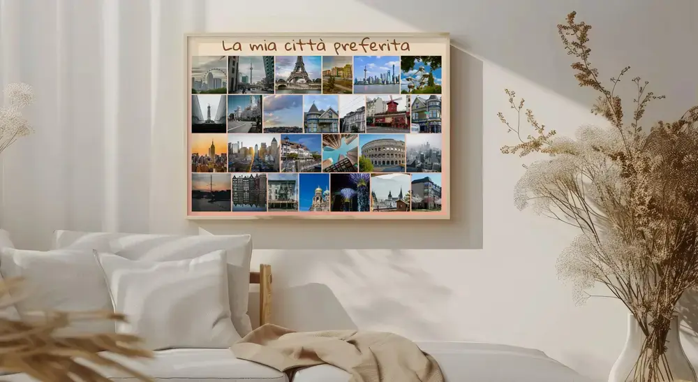 Quadro con collage di foto di città e monumenti sopra il letto, un'idea regalo per ricordare un viaggio insieme