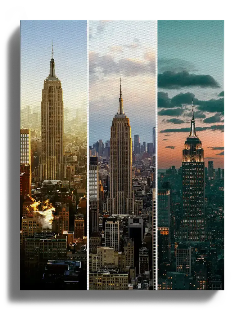 Collage photo vertical sur toile, avec trois vues de l’Empire State Building sous différentes lumières