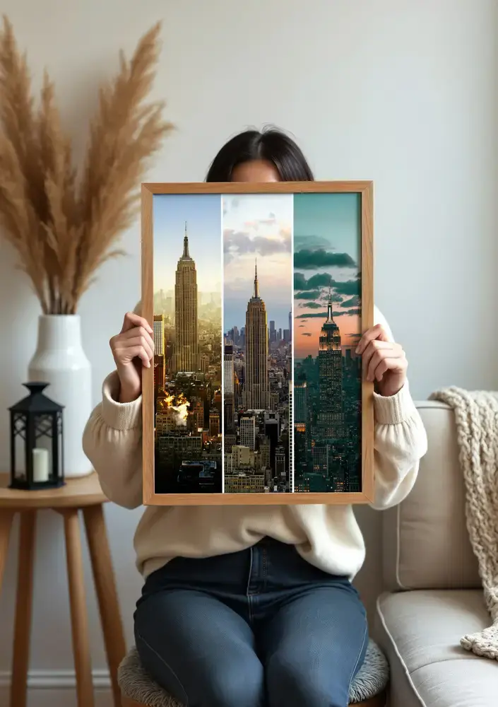 Collage photo urbain en trois bandes dans un cadre en bois au salon, une idée cadeau pour les voyageurs