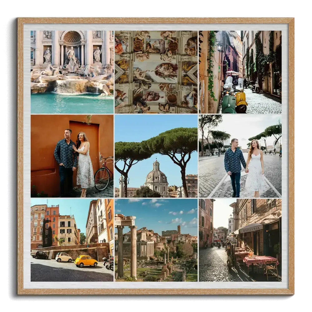 Collage quadrato con nove foto di Roma disposte a griglia, bordo bianco e cornice in legno naturale