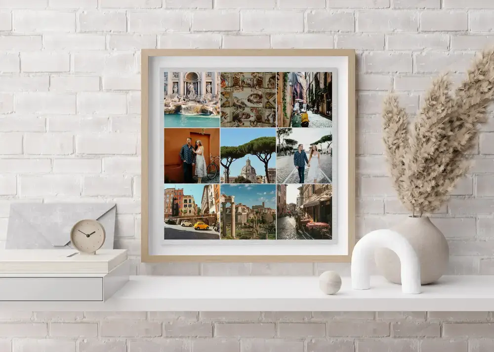 Collage incorniciato di nove foto di Roma sopra una credenza bianca, idea regalo per chi ama viaggiare
