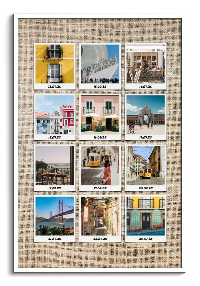 Collage di dodici foto di Lisbona in stile Polaroid con date, su fondo effetto juta e con cornice bianca
