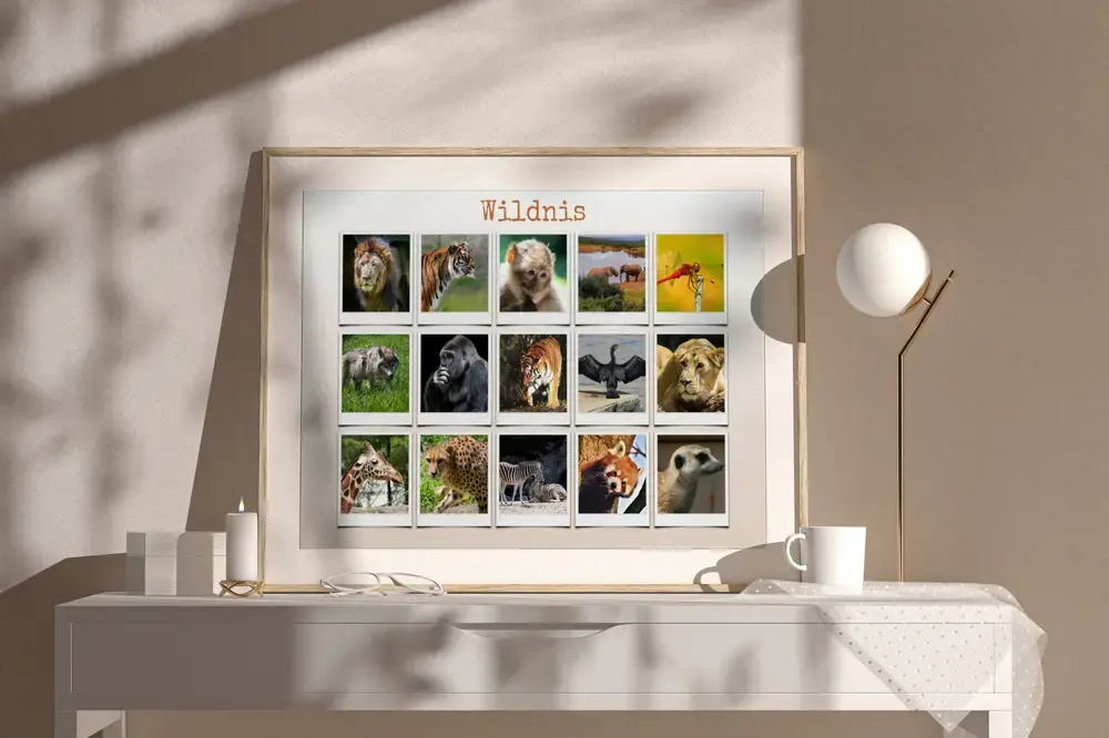 Wildtier-Fotocollage in Polaroid-Optik mit Überschrift im hellen Holzrahmen auf einer weissen Kommode