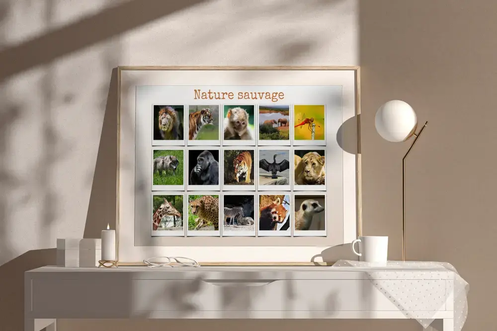 Pêle-mêle photo d’animaux sauvages style Polaroid avec un titre, encadré en bois clair sur un buffet blanc