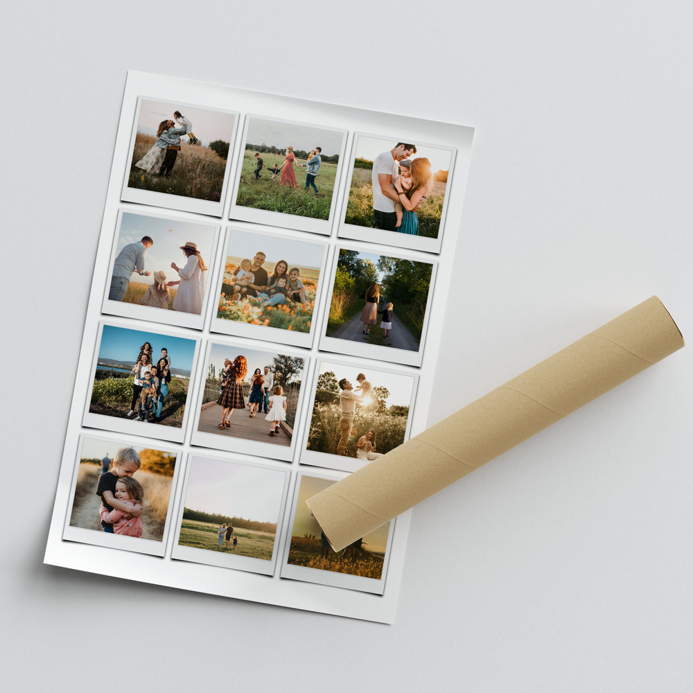 Poster de famille avec douze photos façon Polaroid en grille sur fond blanc, à côté d’un tube d’expédition
