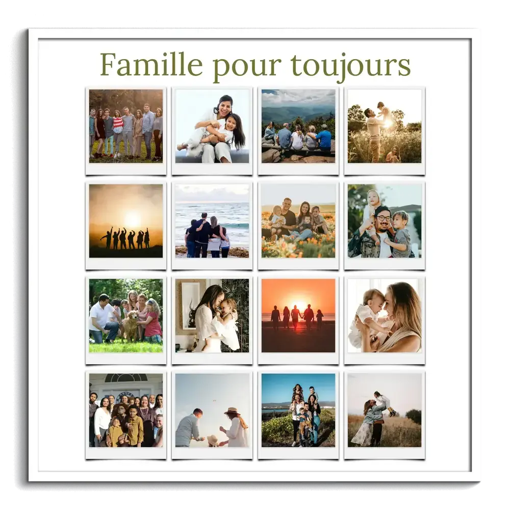 Collage de 16 photos de famille façon Polaroid, encadré en blanc, une idée cadeau pour toute la famille