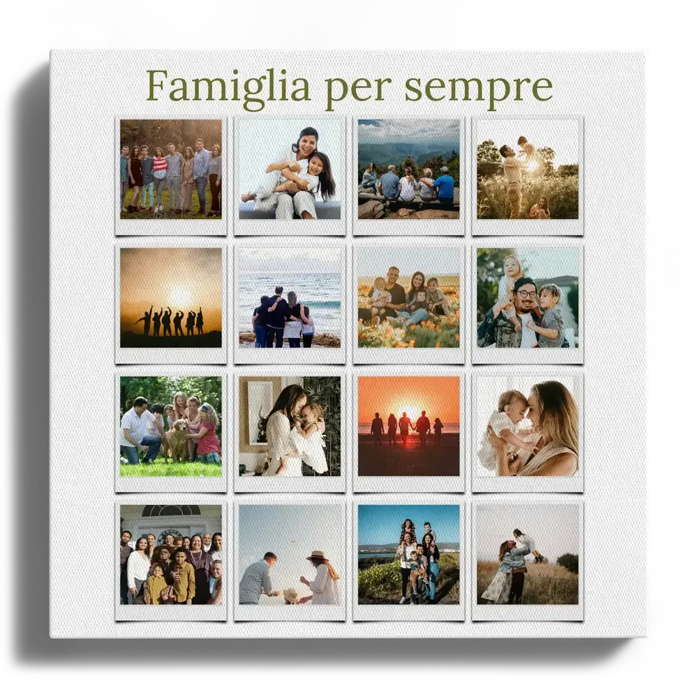 Collage di famiglia su tela con 16 foto in stile Polaroid, disposte a griglia con una frase in alto