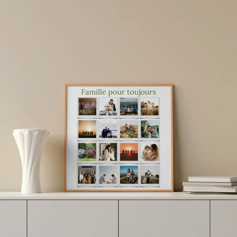 Collage photo style Polaroid dans un cadre en bois sur un buffet, avec titre, une idée cadeau pour la famille