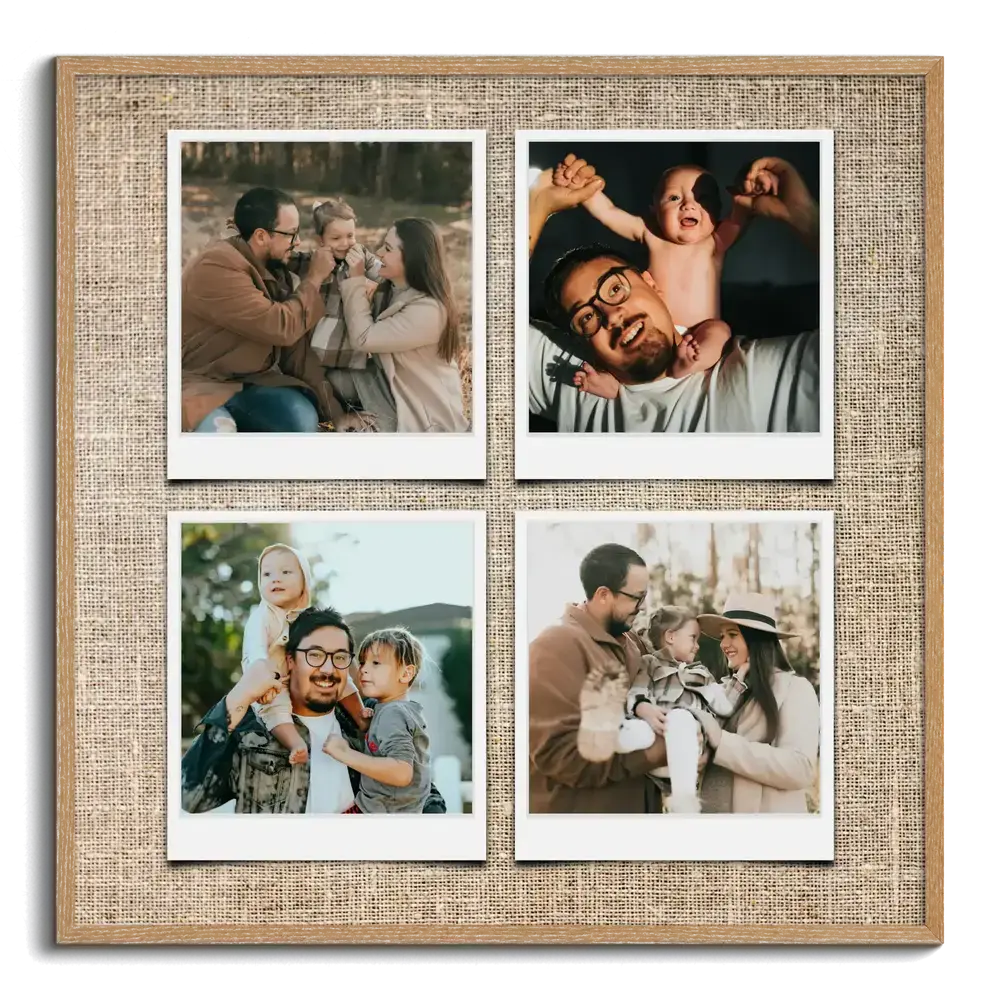 Quatre photos de famille style Polaroid sur fond effet lin, encadrées de bois, un cadeau familial personnalisé