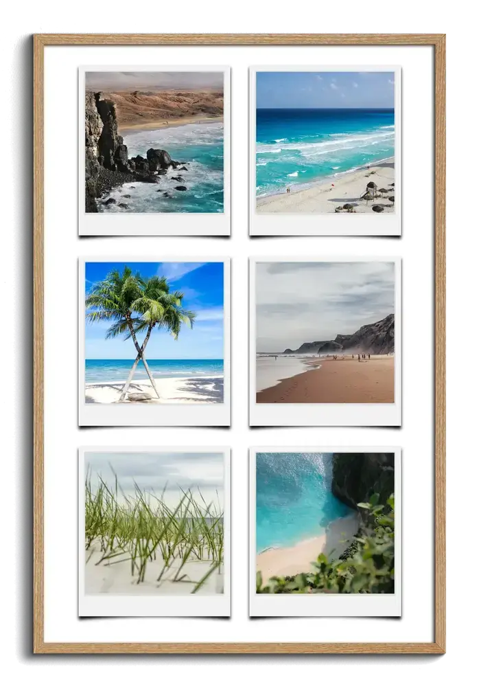 Collage verticale con sei foto di spiagge e coste in stile Polaroid, in cornice di legno naturale