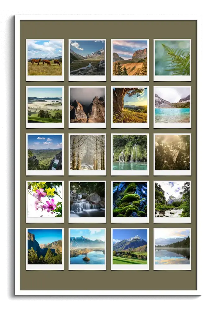 Collage di 20 foto di natura in stile Polaroid su fondo verde oliva, con montagne e cascate, in cornice bianca