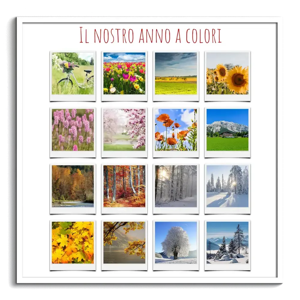 Collage con 16 foto della natura nelle quattro stagioni in stile Polaroid, titolo rosso e cornice bianca