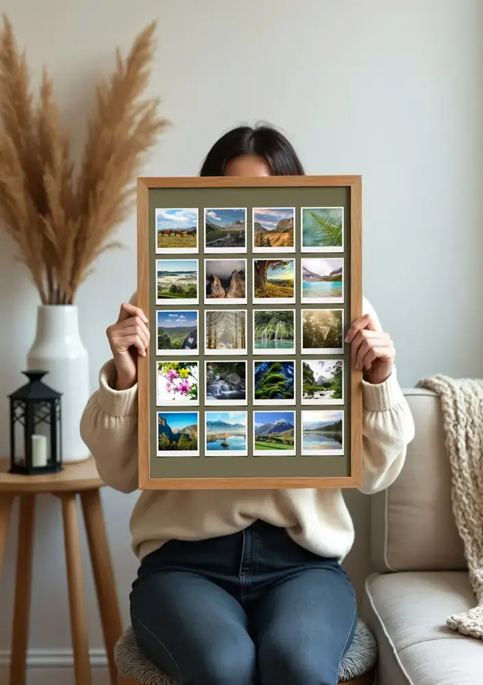 Collage verticale di 20 foto della natura in stile Polaroid su verde oliva, con cornice in legno, in soggiorno