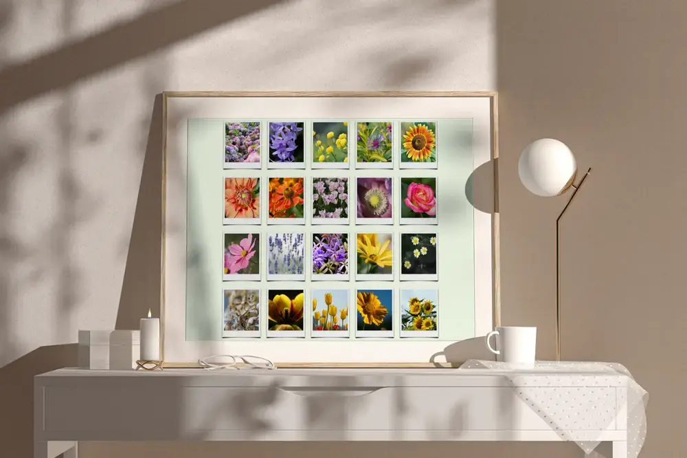 Collage di fiori stile Polaroid su verde chiaro, con cornice in legno chiaro su una credenza bianca