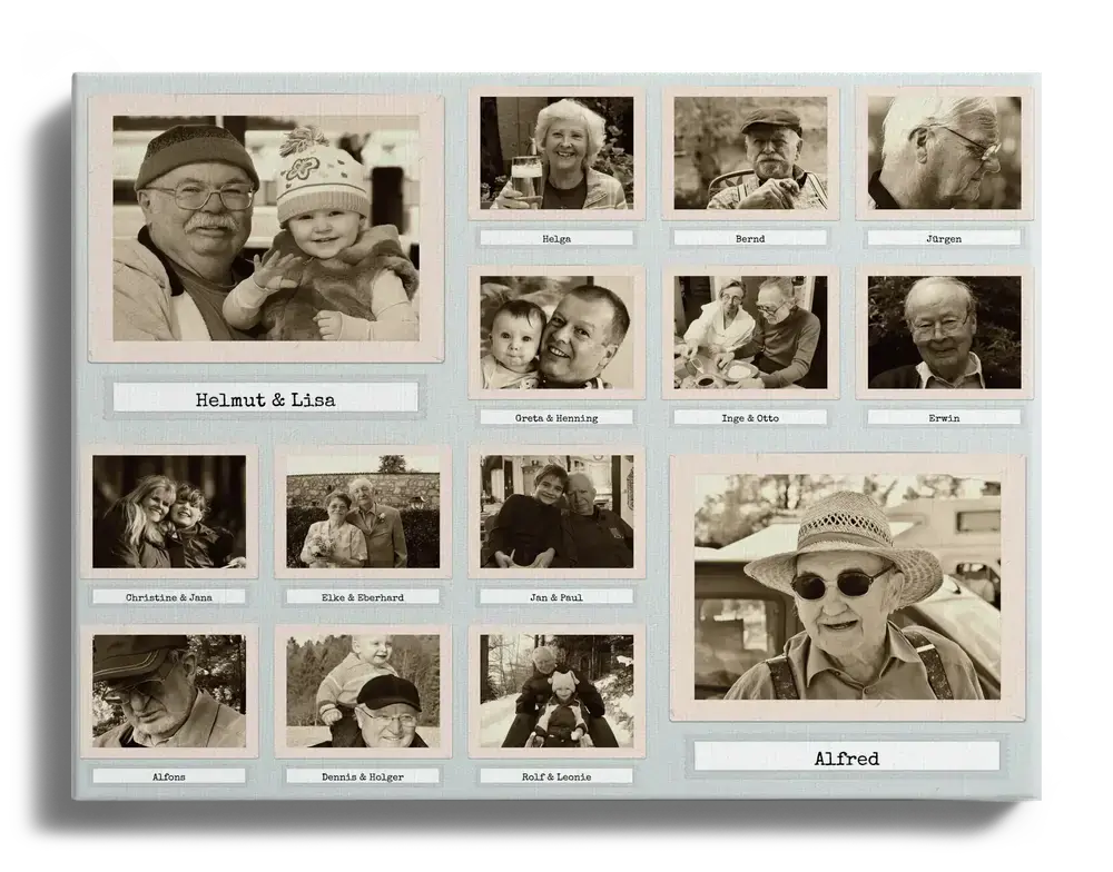 Collage fotografico rétro su tela con foto di famiglia seppia, bordi stile Polaroid e nomi personalizzati